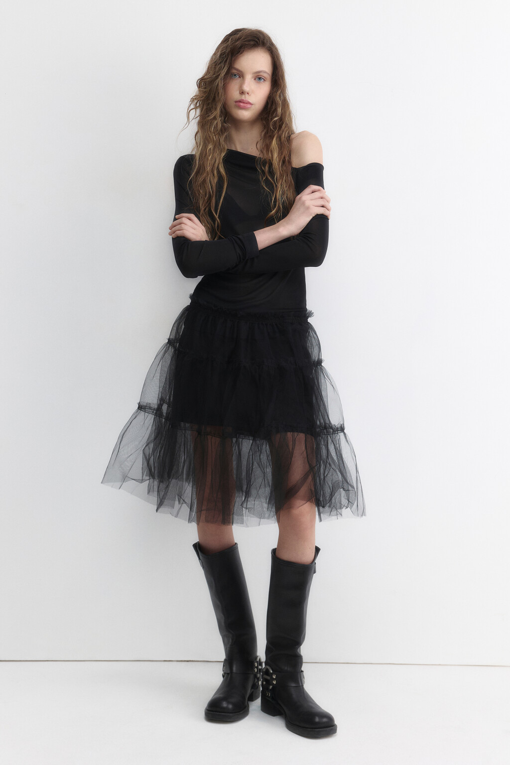 Юбка-трапеция миди из сетки с оборками - цвет черный - 5