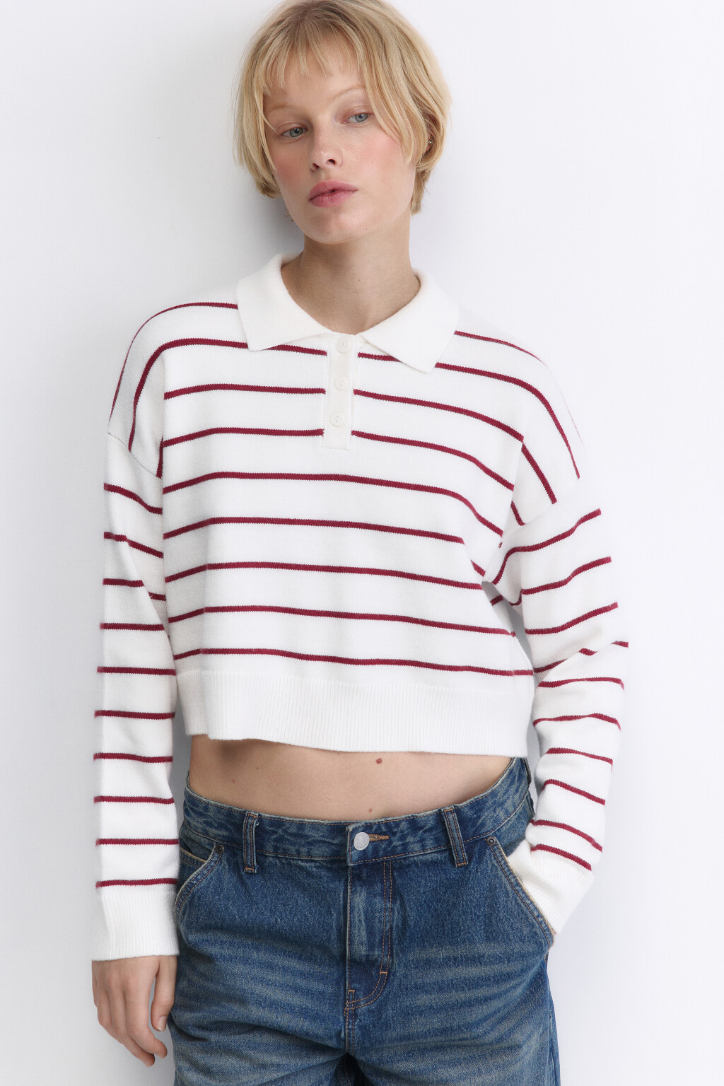 Джемпер-поло тонкой вязки укороченный - цвет красный - 2