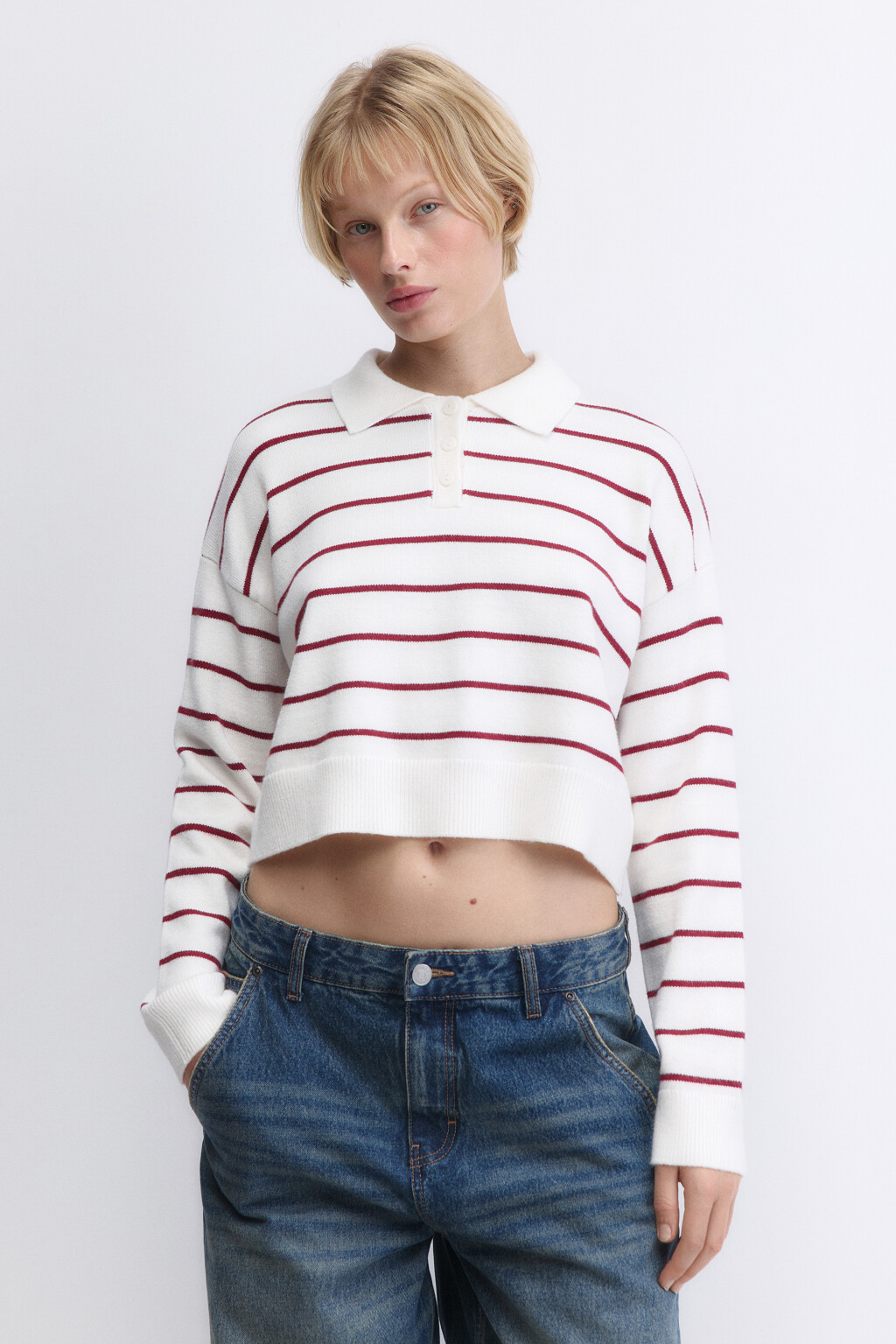 Джемпер-поло тонкой вязки укороченный - цвет красный - 3