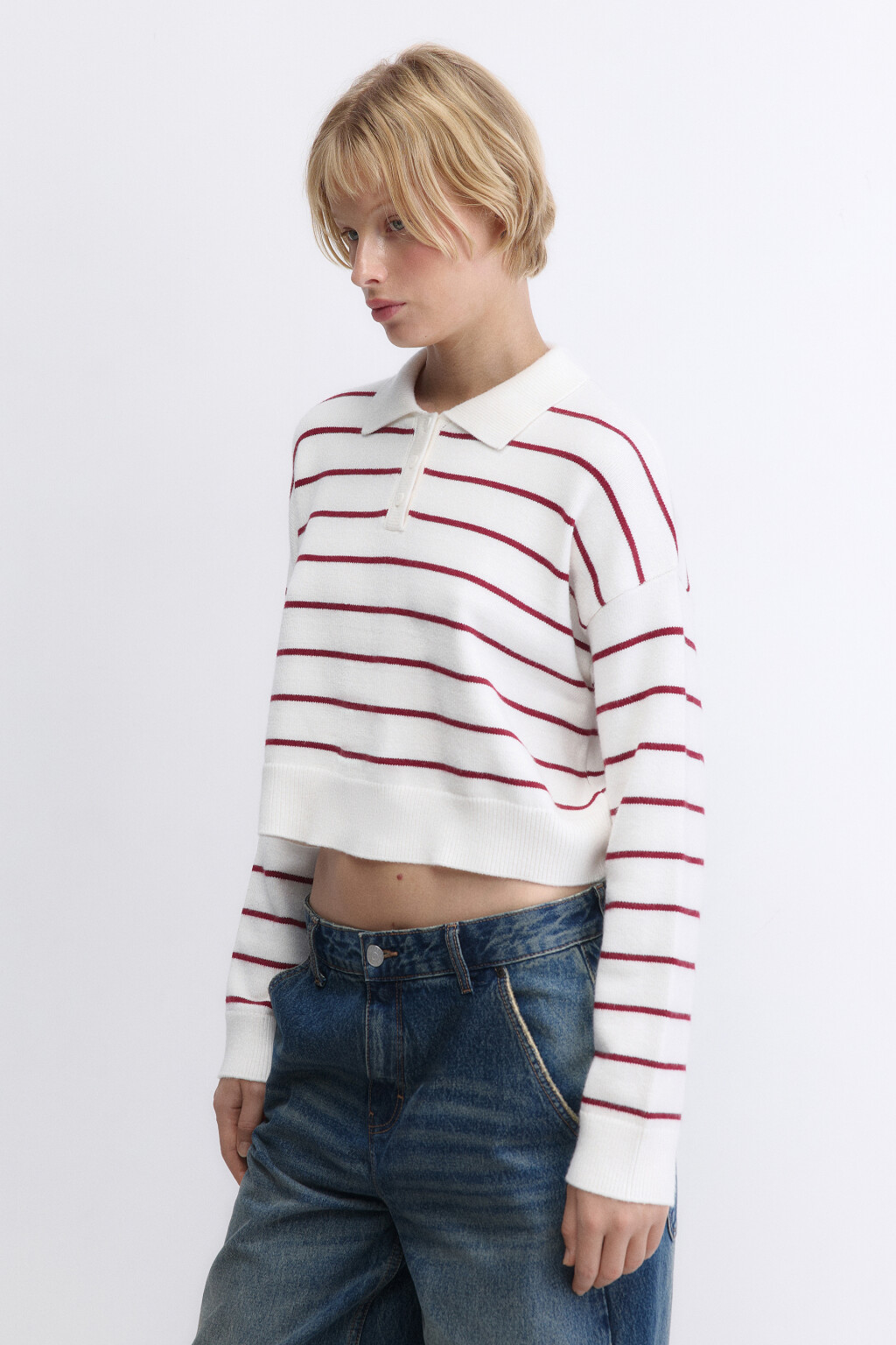 Джемпер-поло тонкой вязки укороченный - цвет красный - 4