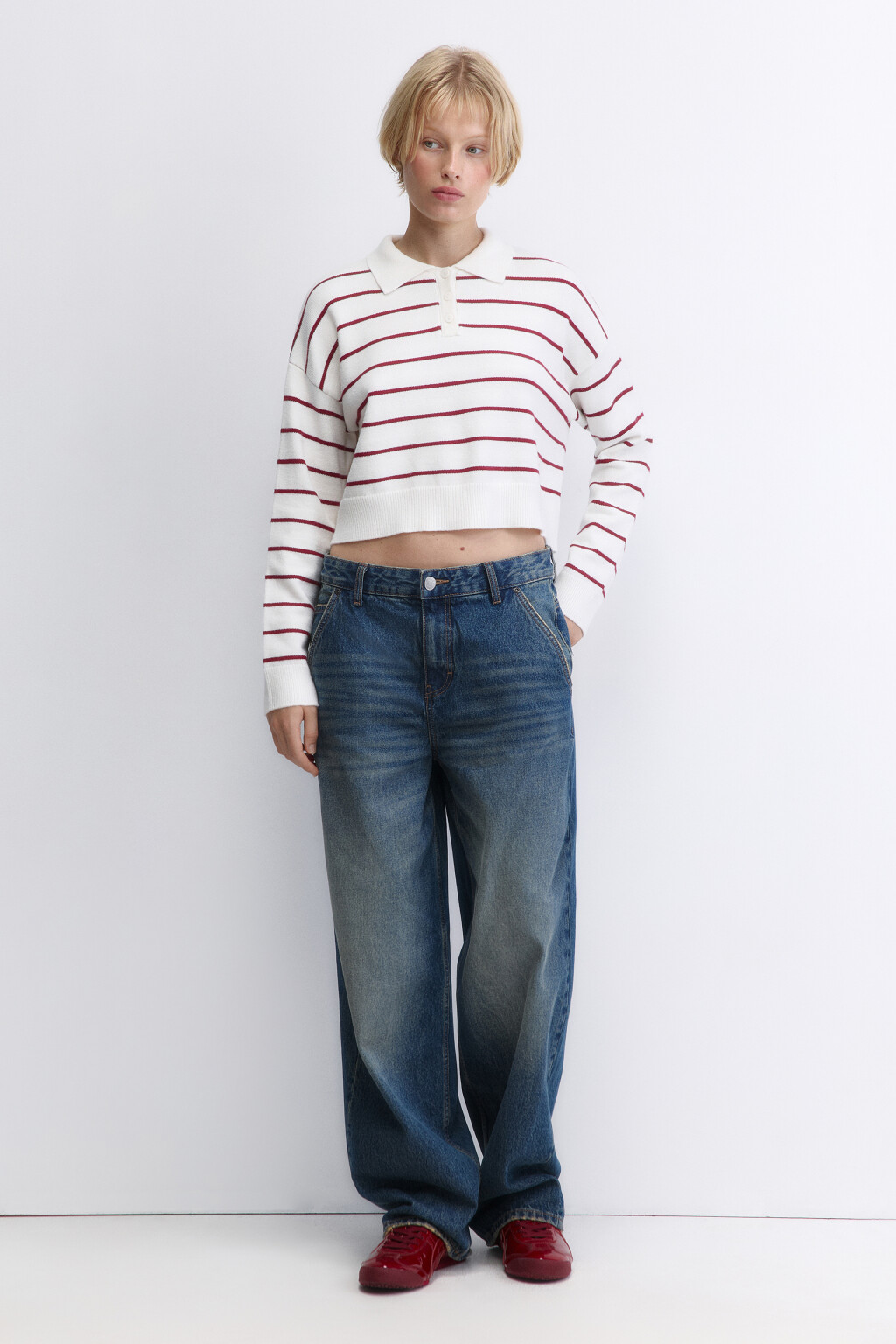 Джемпер-поло тонкой вязки укороченный - цвет красный - 1