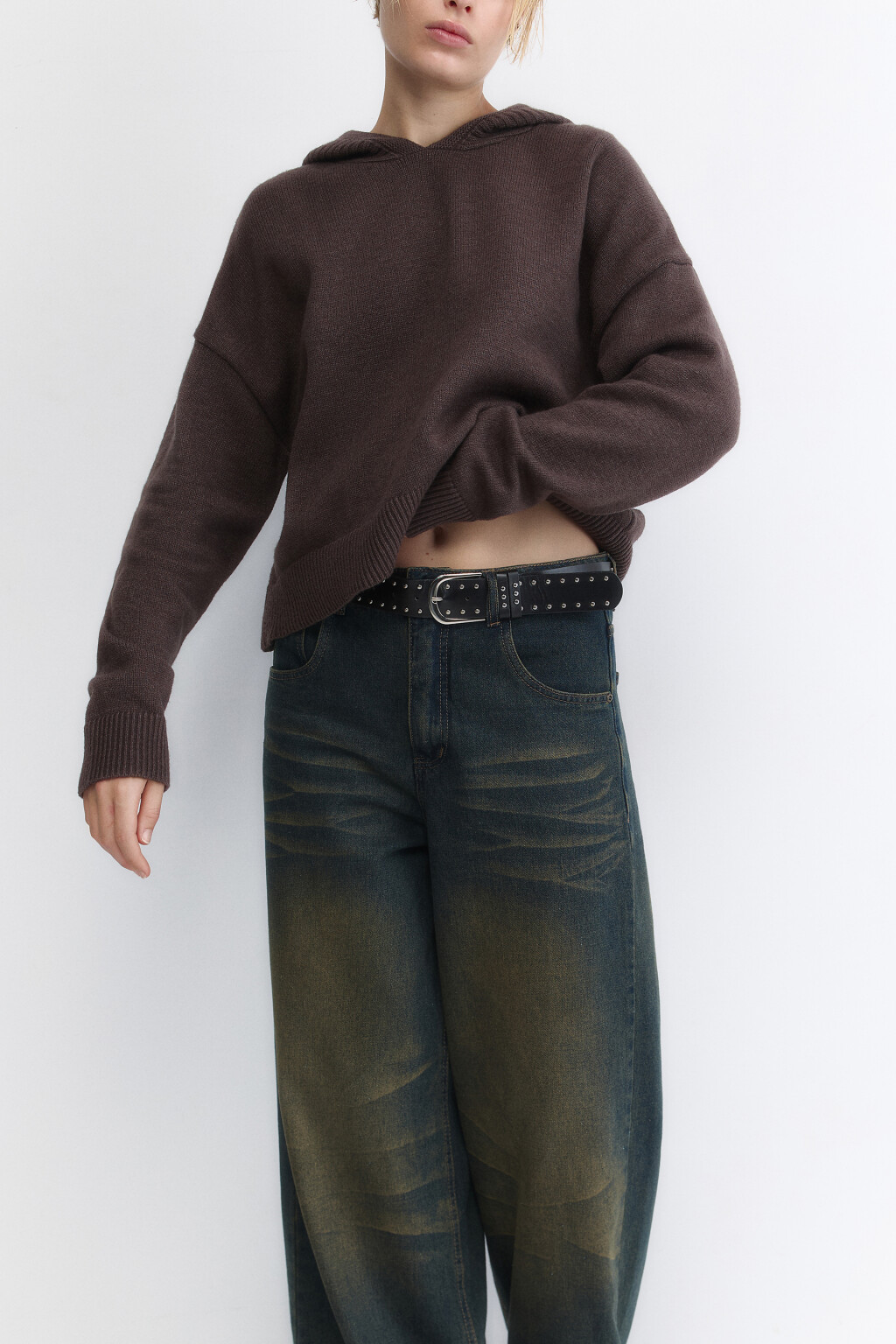 Джемпер вязаный с капюшоном - цвет коричневый - 1