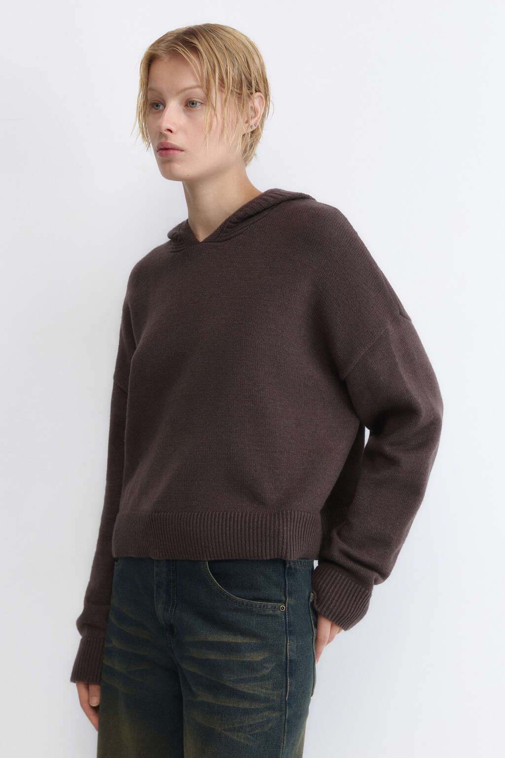 Джемпер вязаный с капюшоном - цвет коричневый - 3
