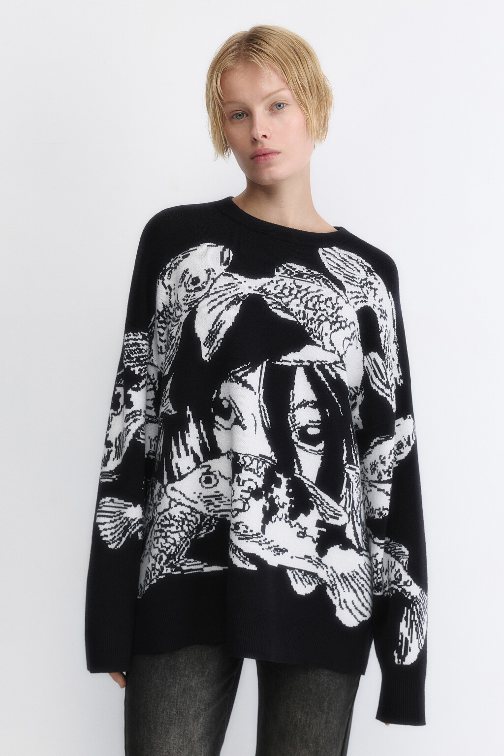 Джемпер oversize вязаный с принтом - цвет черный - 1