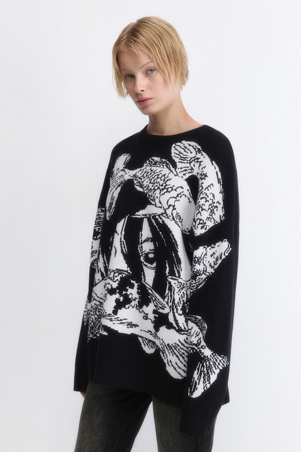 Джемпер oversize вязаный с принтом - цвет черный - 2