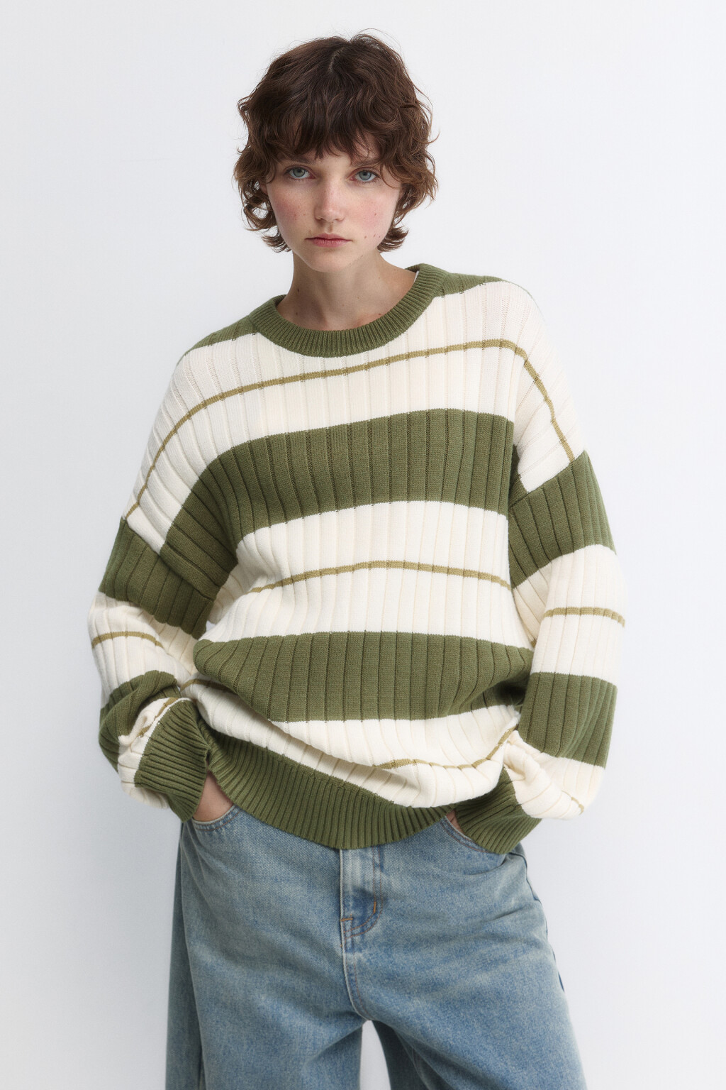 Джемпер толстой вязки в полоску - цвет зеленый - 2