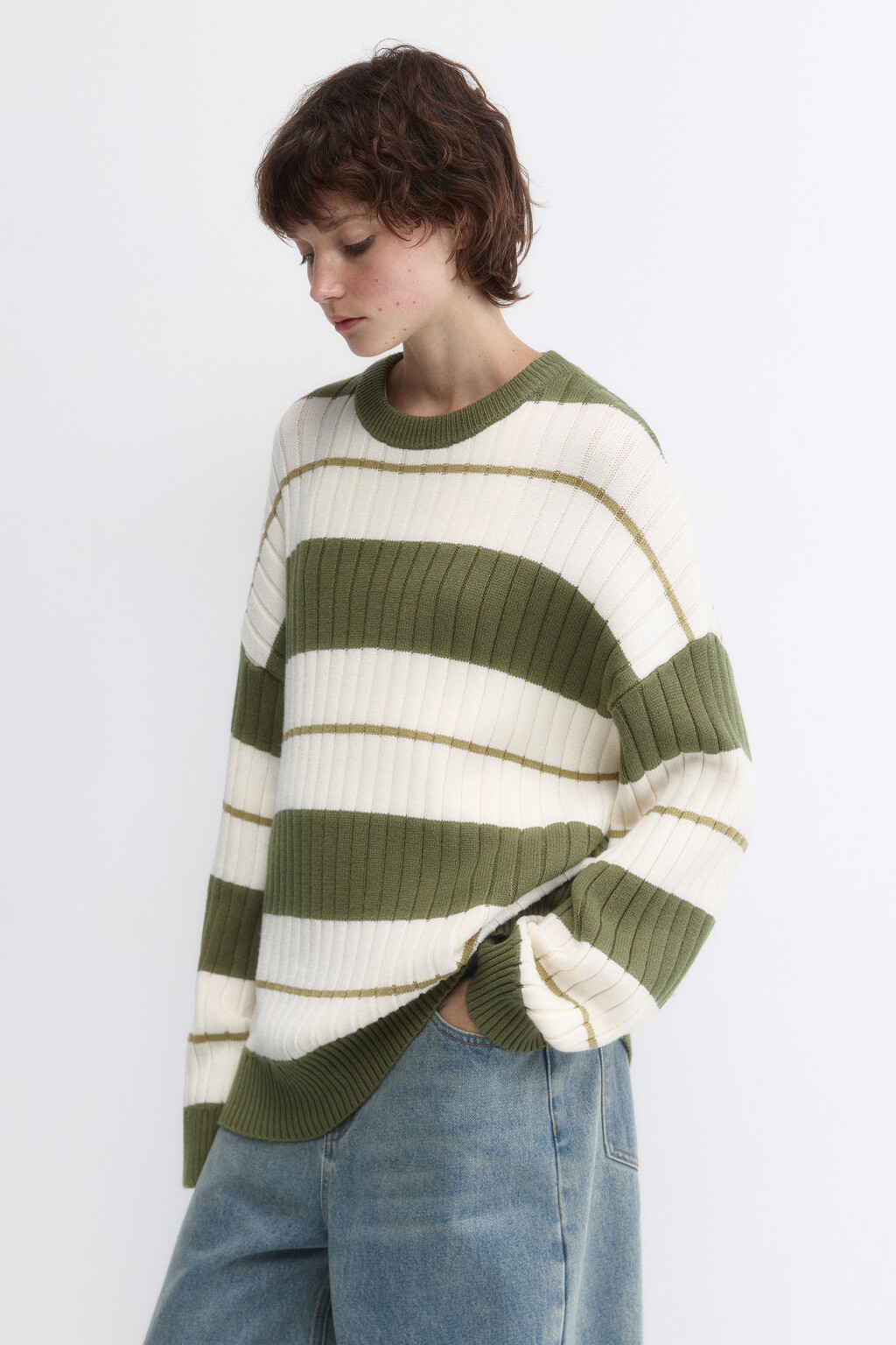 Джемпер толстой вязки в полоску - цвет зеленый - 3