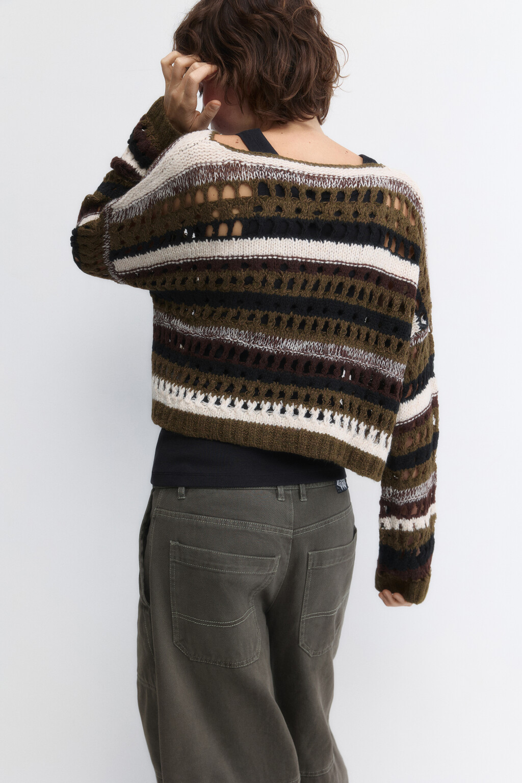 Джемпер вязаный ажурный в полоску - цвет зеленый - 2