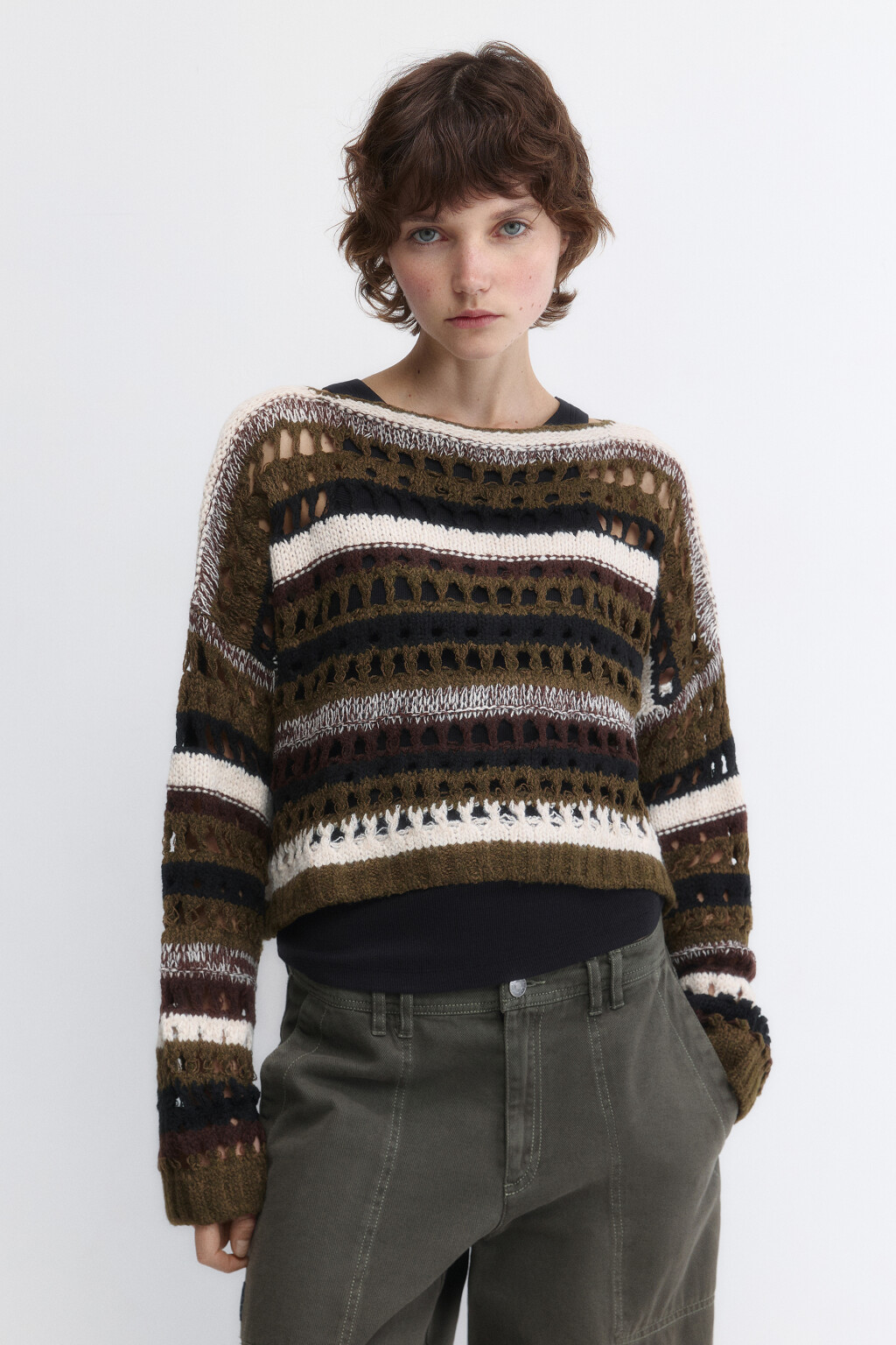 Джемпер вязаный ажурный в полоску - цвет зеленый - 3