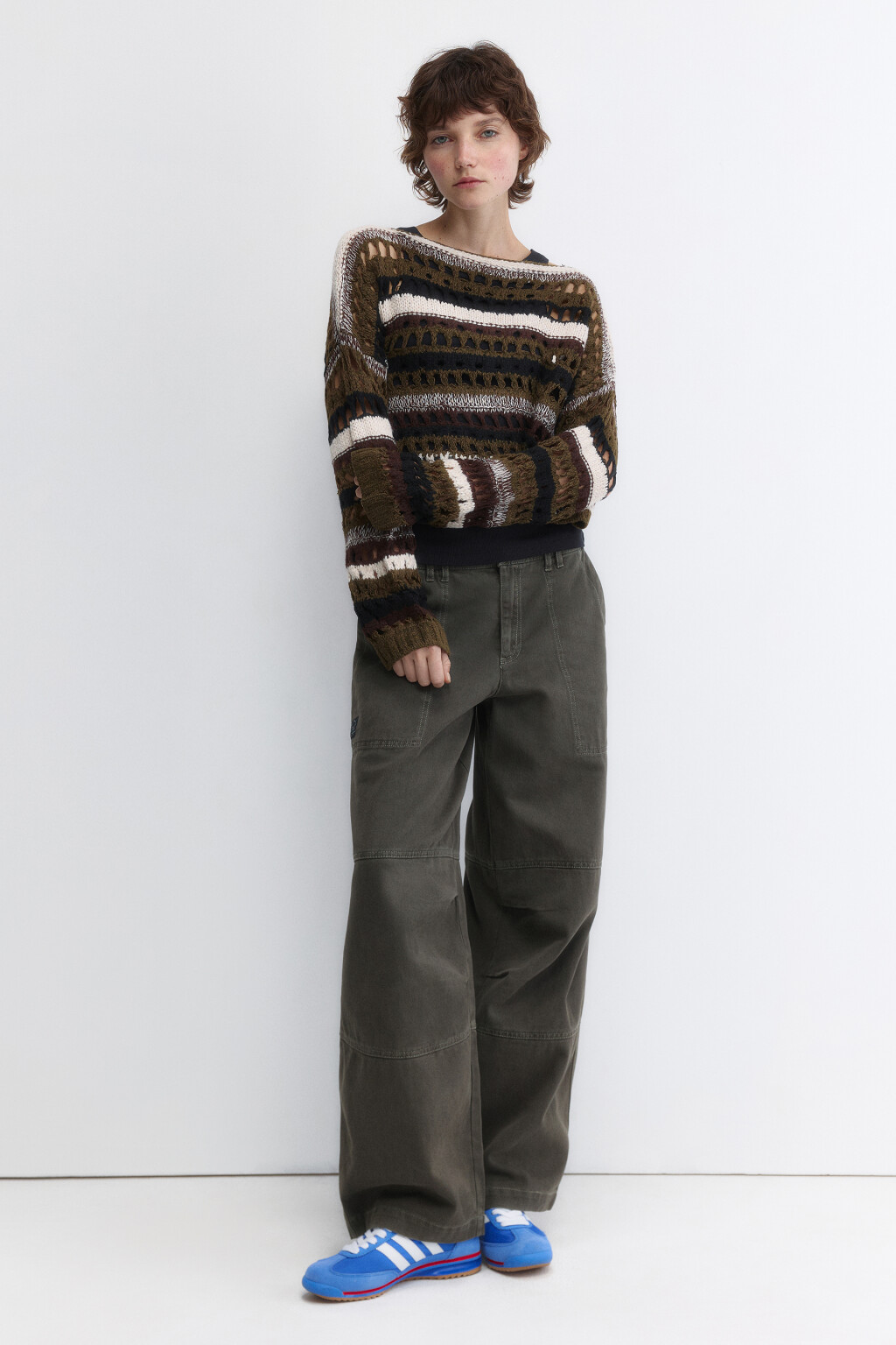 Джемпер вязаный ажурный в полоску - цвет зеленый - 6