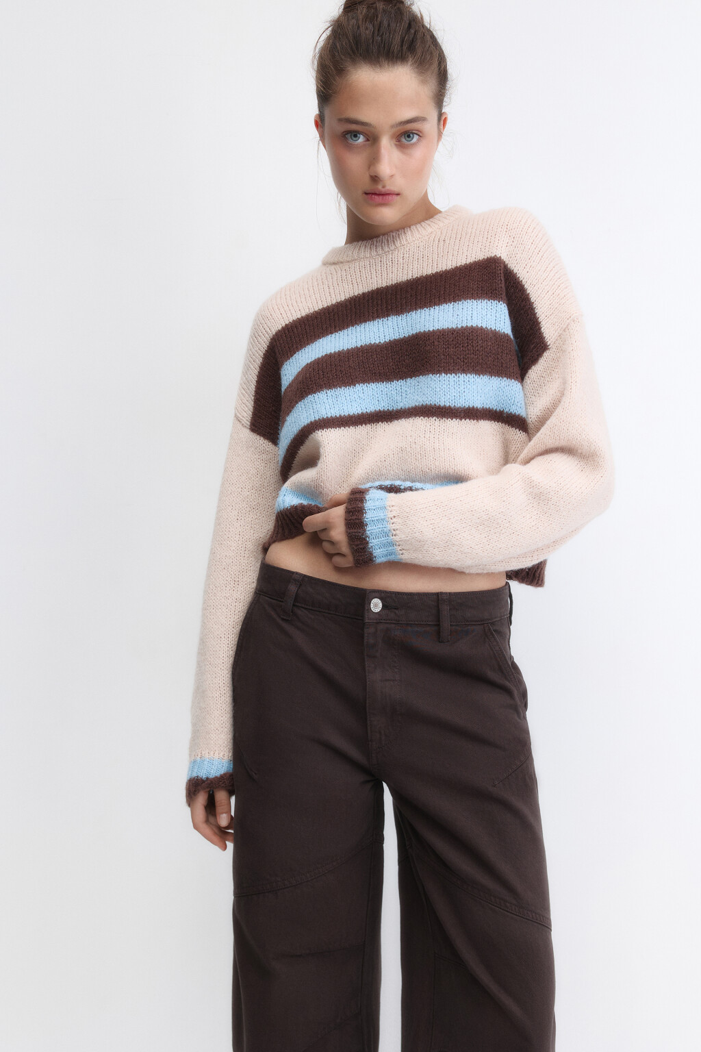 Джемпер вязаный укороченный в полоску - цвет бежевый - 1