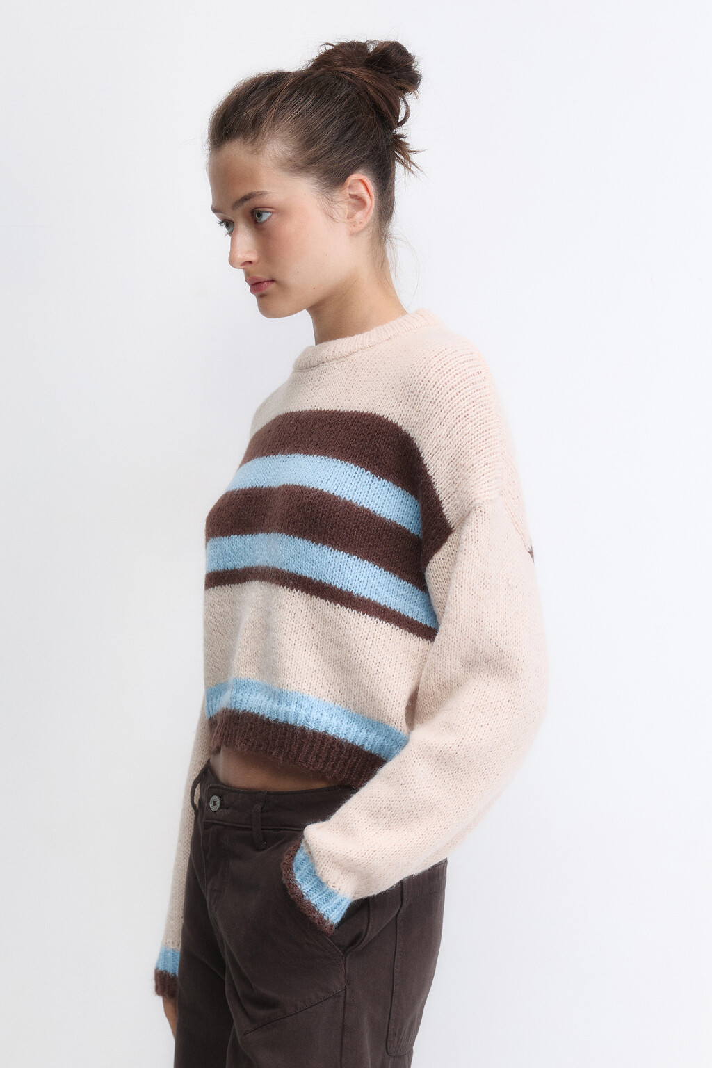 Джемпер вязаный укороченный в полоску - цвет бежевый - 3