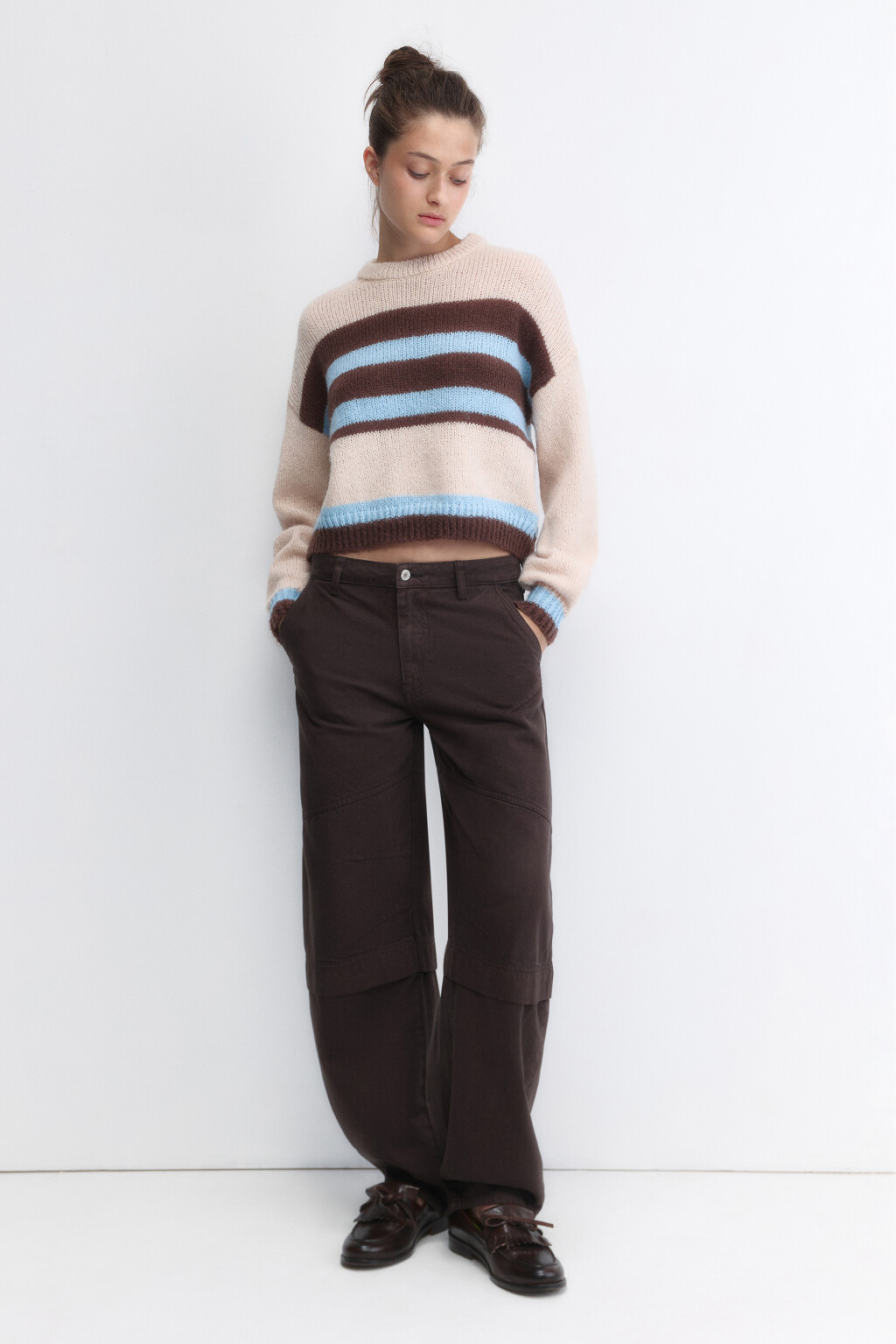 Джемпер вязаный укороченный в полоску - цвет бежевый - 5