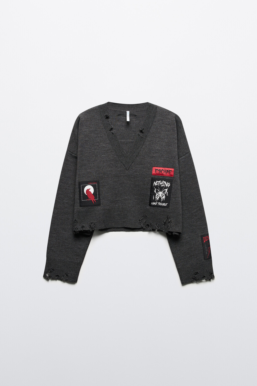 Джемпер вязаный рваный с патчами - цвет серый - 9