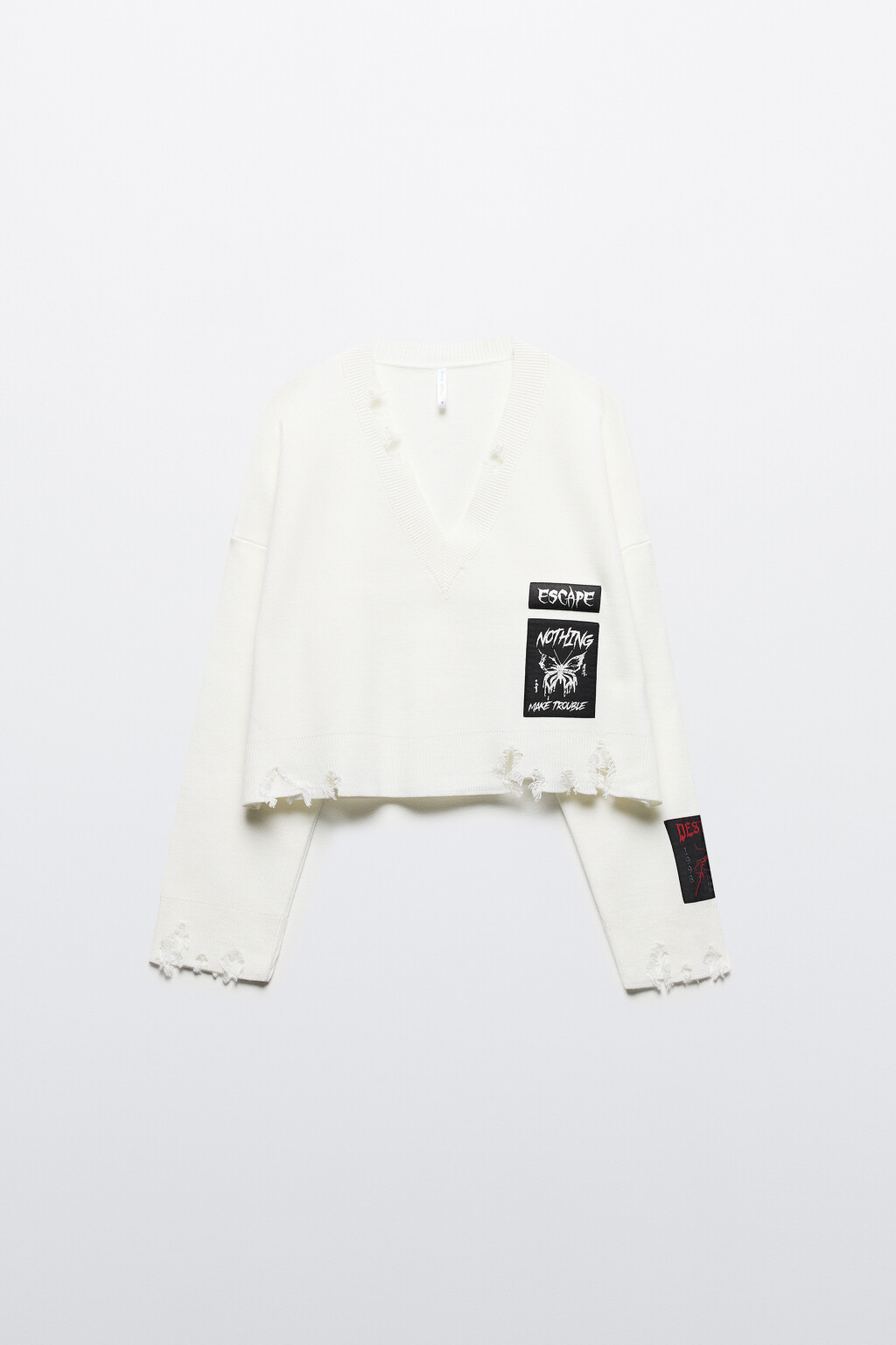 Джемпер вязаный рваный с патчами - цвет молочный - 8