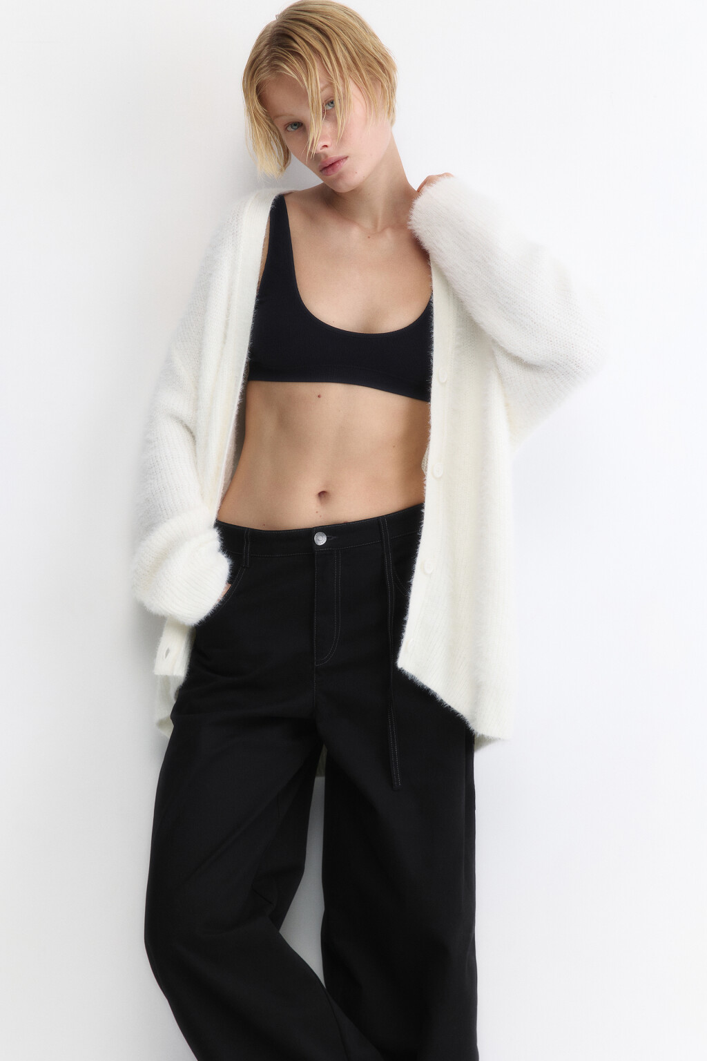 Кардиган удлиненный из пушистой пряжи - цвет молочный - 1