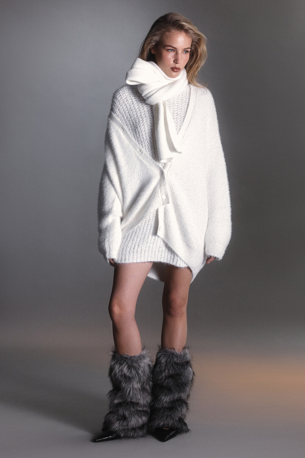 Кардиган удлиненный из пушистой пряжи - цвет молочный - 8