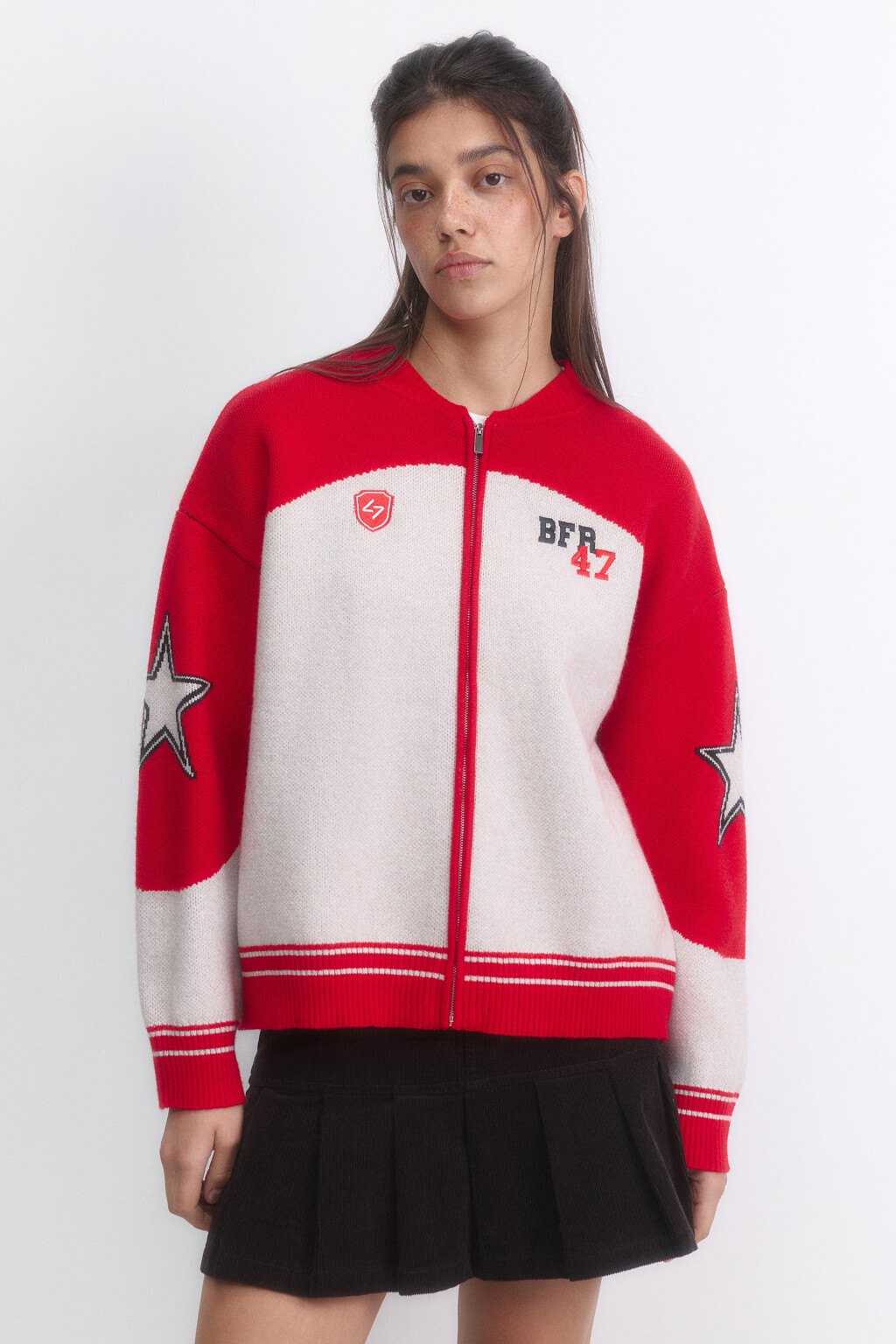 Кардиган на молнии вязаный с патчами - цвет красный - 4