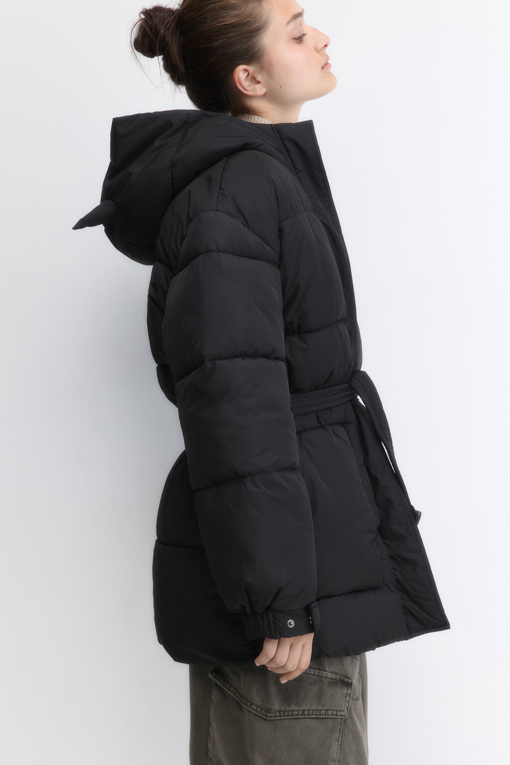 Куртка стеганая с поясом и рожками на капюшоне - цвет черный - 1