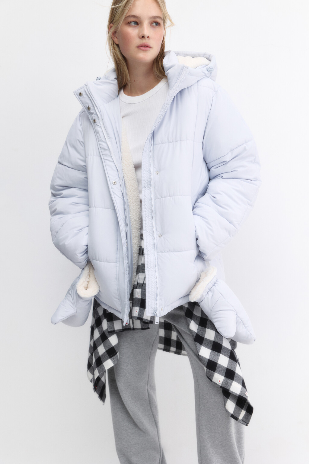 Куртка стеганая с капюшоном и рукавицами - цвет голубой - 1