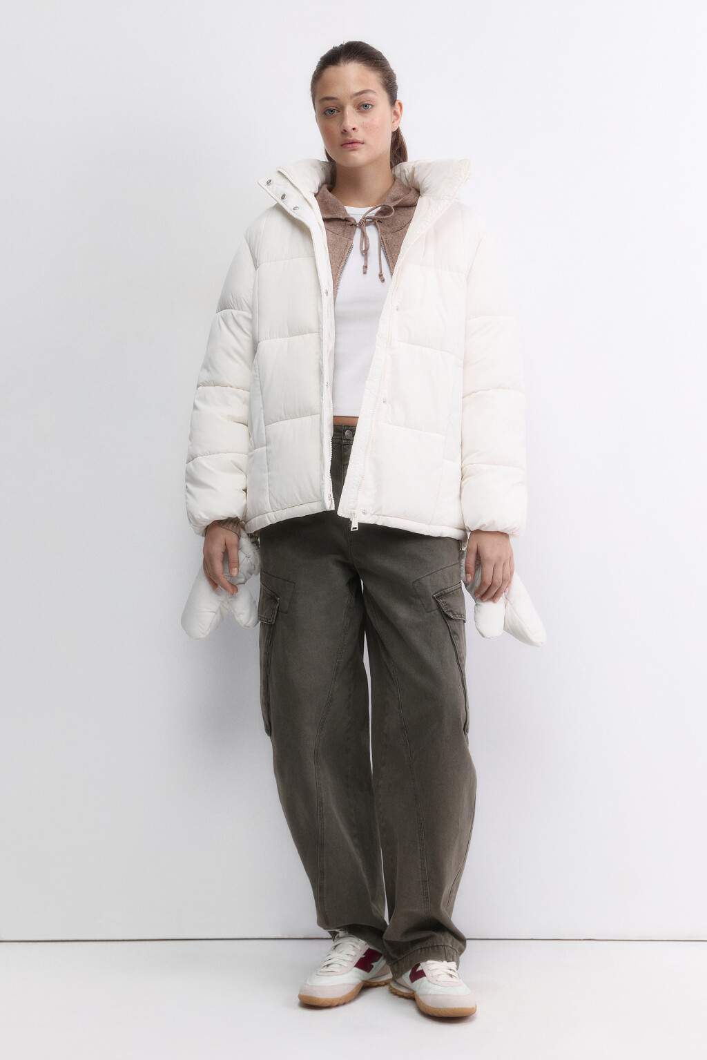 Куртка стеганая с капюшоном и рукавицами - цвет молочный - 4