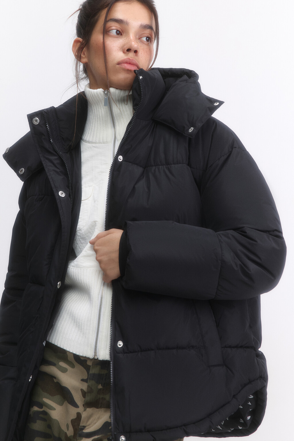 Куртка oversize стеганая с капюшоном - цвет черный - 1