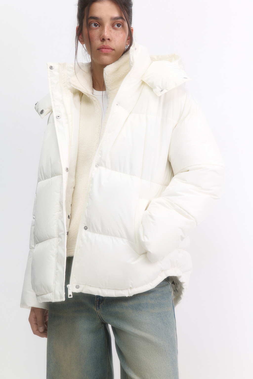 Куртка oversize стеганая с капюшоном - цвет молочный - 1