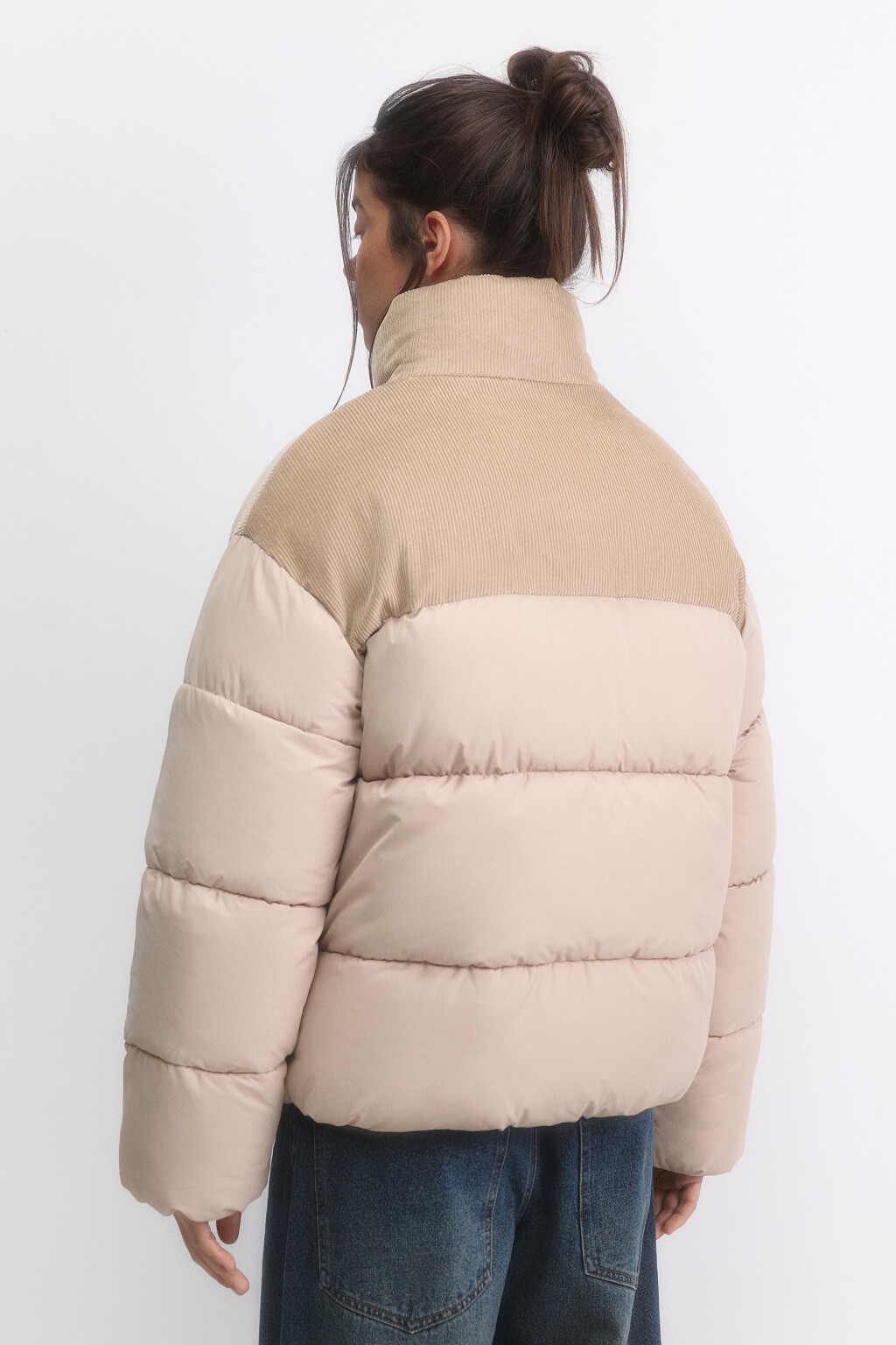Куртка-пуховик стеганая с вельветовой вставкой - цвет молочный - 5