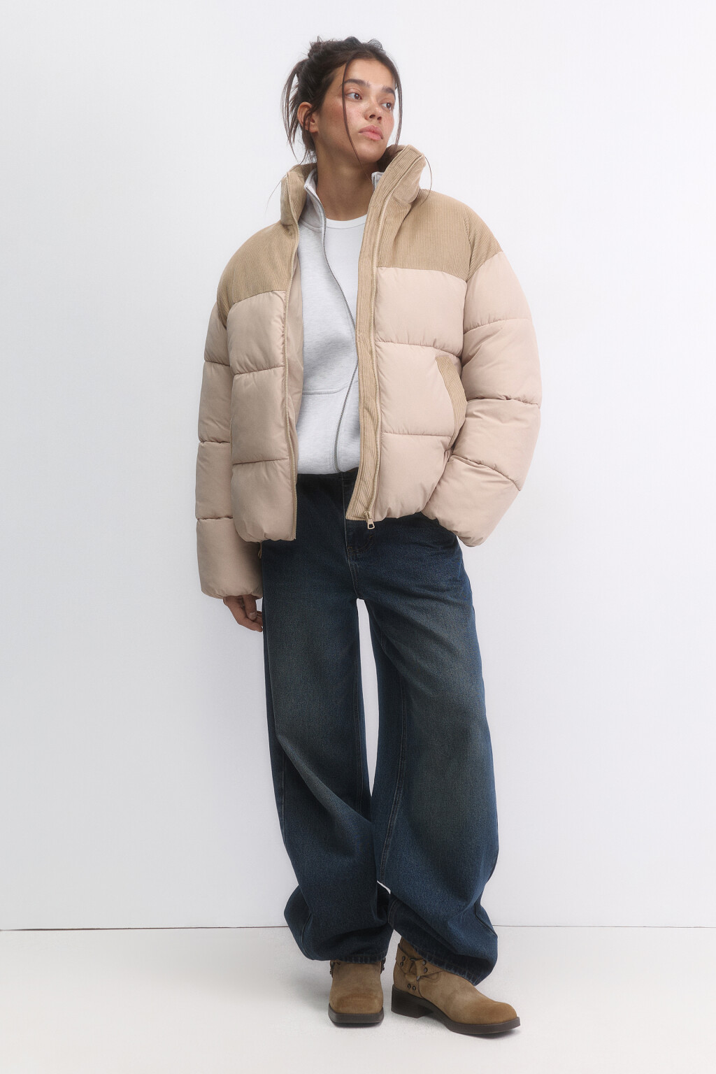 Куртка-пуховик стеганая с вельветовой вставкой - цвет молочный - 6
