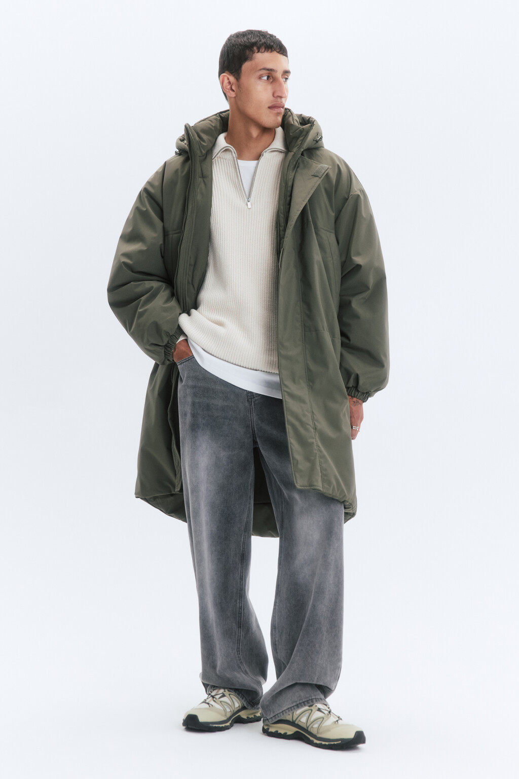 Куртка-парка длинная утепленная с капюшоном - цвет зеленый - 1