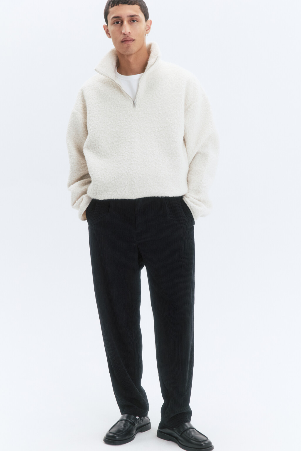 Брюки-бананы широкие из вельветовой ткани - цвет черный - 1