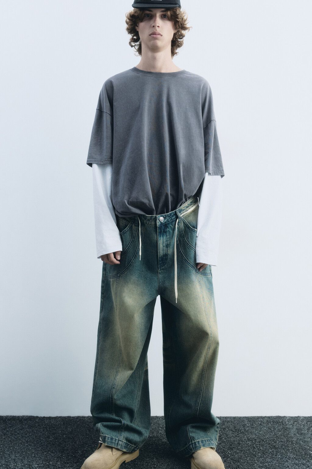 Джинсы широкие с эффектом масляной стирки - цвет голубой - 2