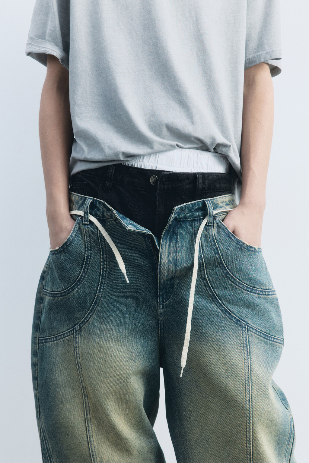 Джинсы широкие с эффектом масляной стирки - цвет голубой - 3
