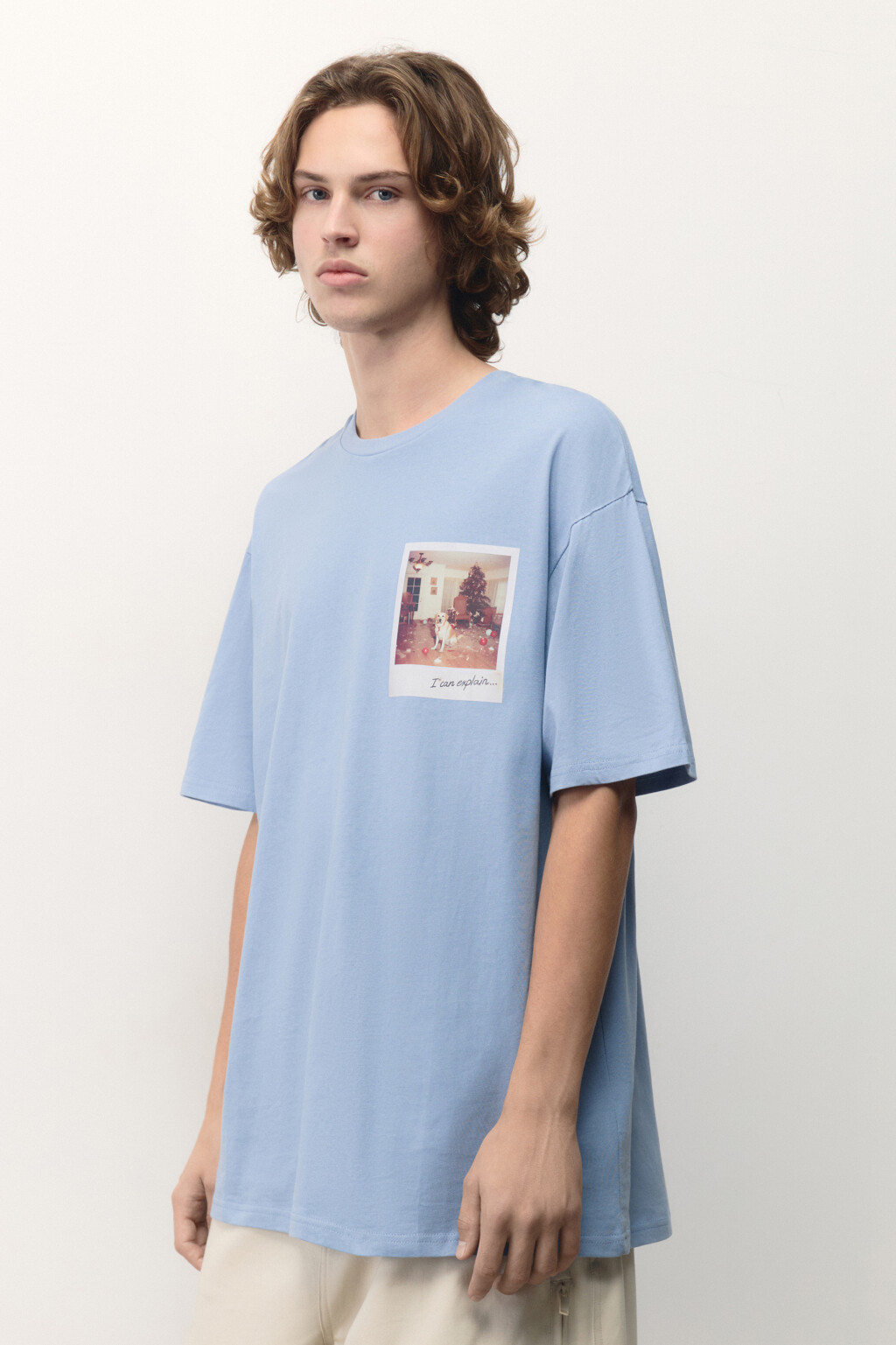 Футболка хлопковая с новогодним принтом - цвет голубой - 3