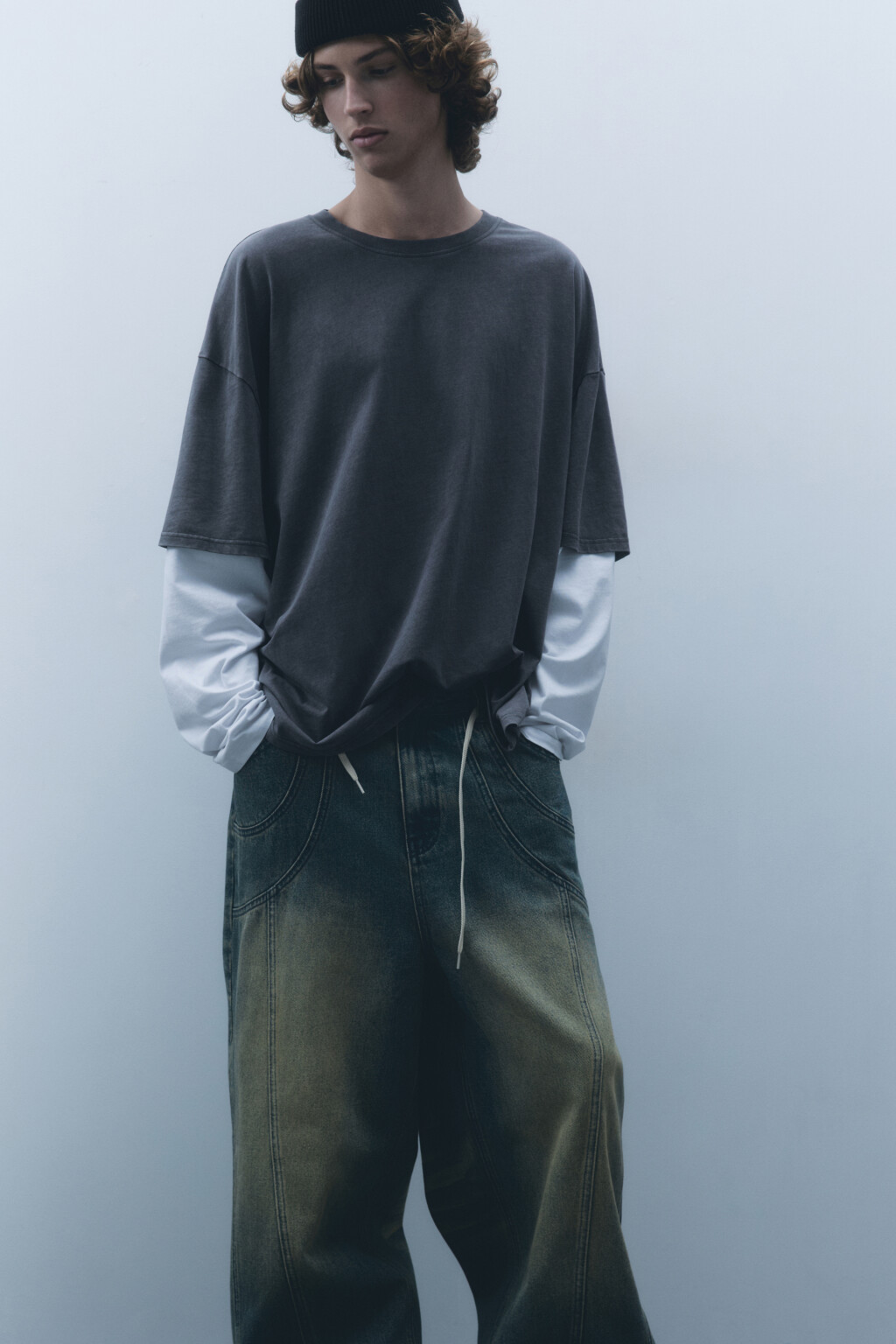 Лонгслив хлопковый с двойными рукавами - цвет серый - 4