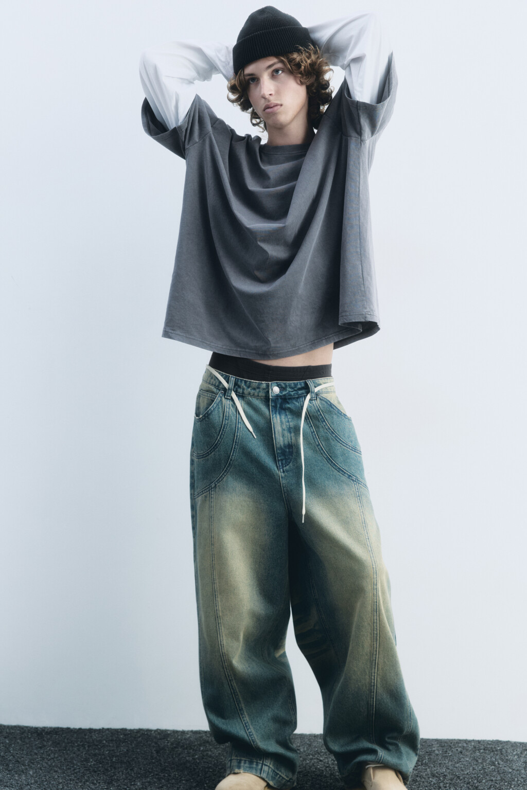 Лонгслив хлопковый с двойными рукавами - цвет серый - 3