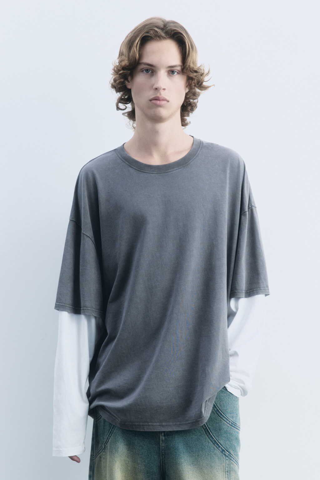 Лонгслив хлопковый с двойными рукавами - цвет серый - 2