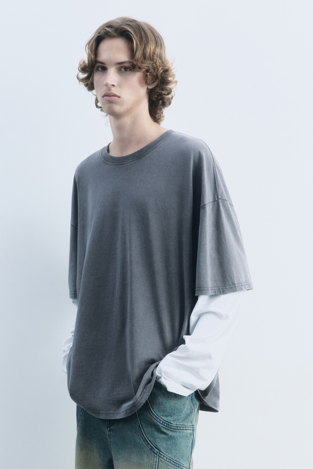 Лонгслив хлопковый с двойными рукавами - цвет серый - 1