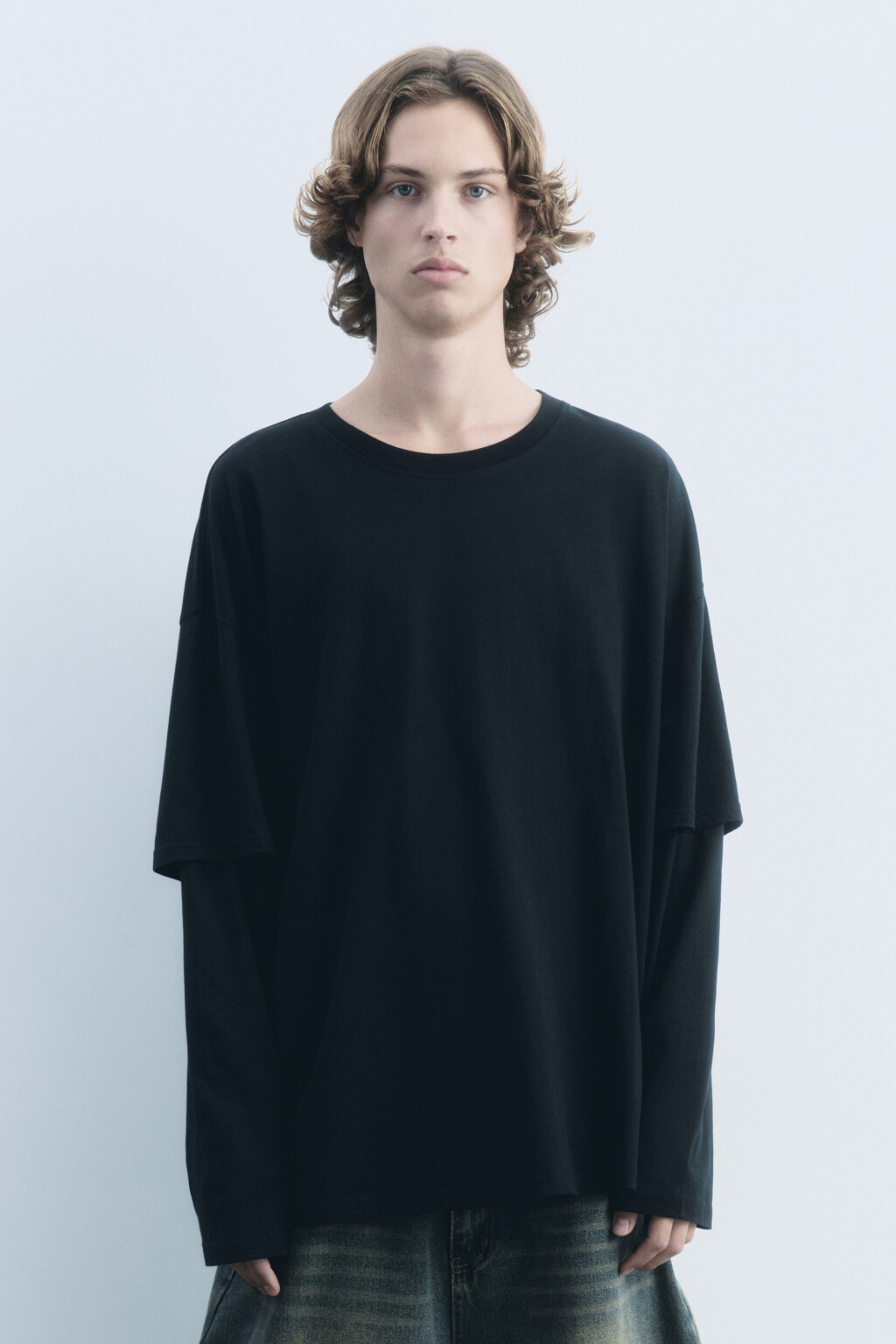 Лонгслив хлопковый с двойными рукавами - цвет черный - 3