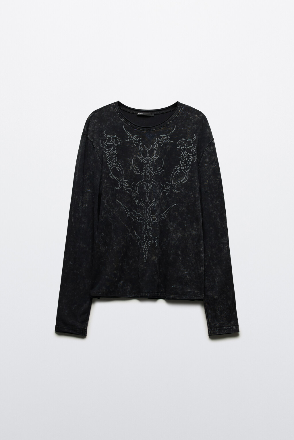 Лонгслив хлопковый с вареным эффектом и принтом - цвет черный - 8