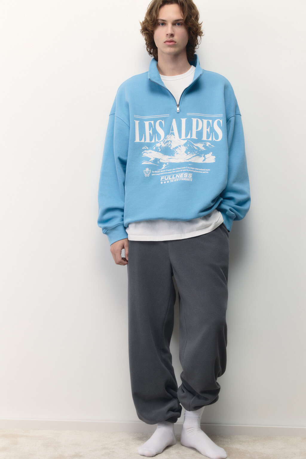 Свитшот half zip с зимним принтом - цвет голубой - 1