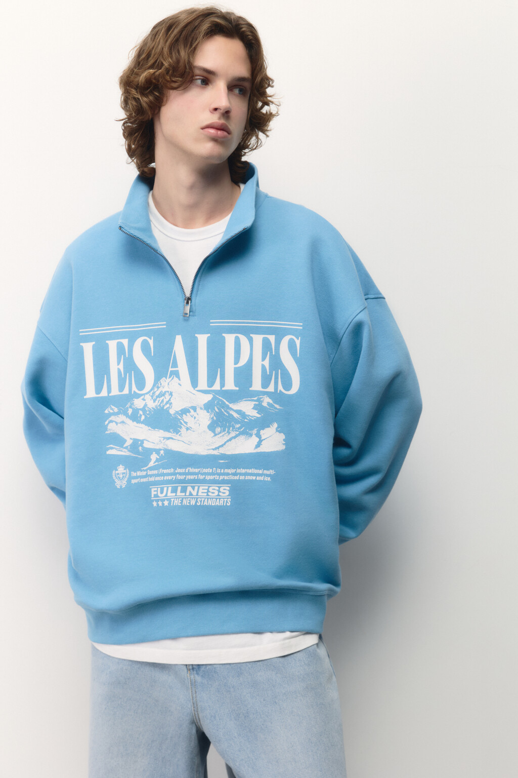Свитшот half zip с зимним принтом - цвет голубой - 2