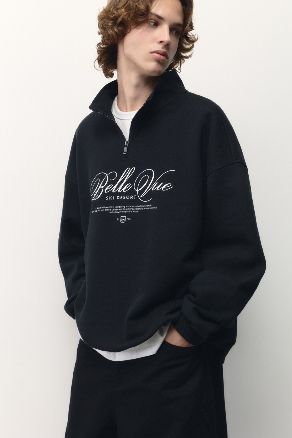 Свитшот half zip с зимним принтом - цвет черный - 1