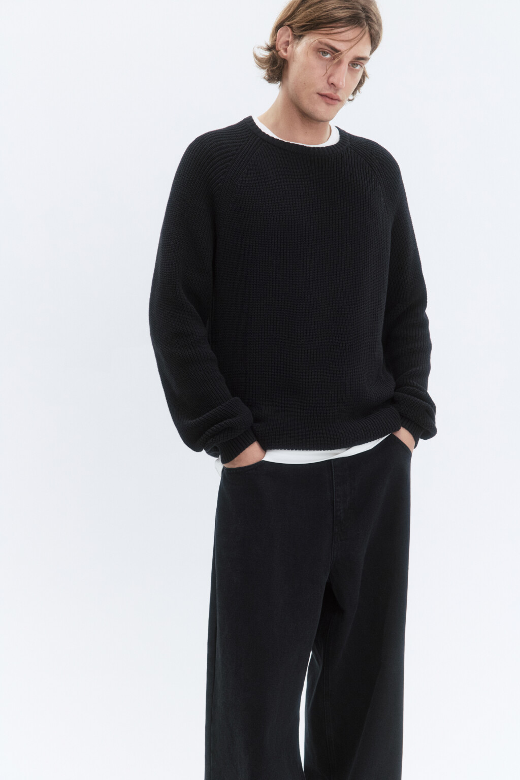 Свитер вязаный хлопковый с рукавами-реглан - цвет черный - 1