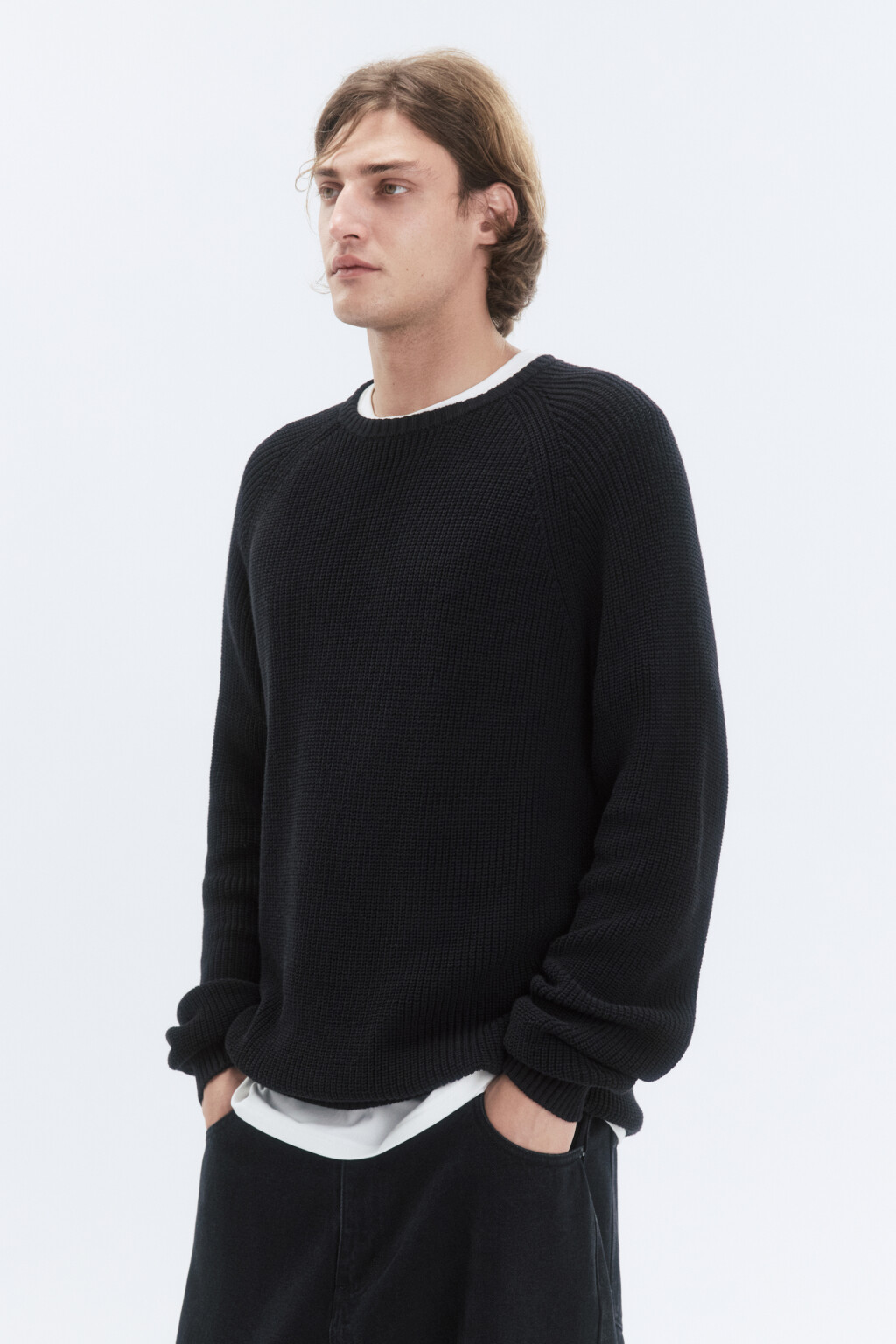 Свитер вязаный хлопковый с рукавами-реглан - цвет черный - 3