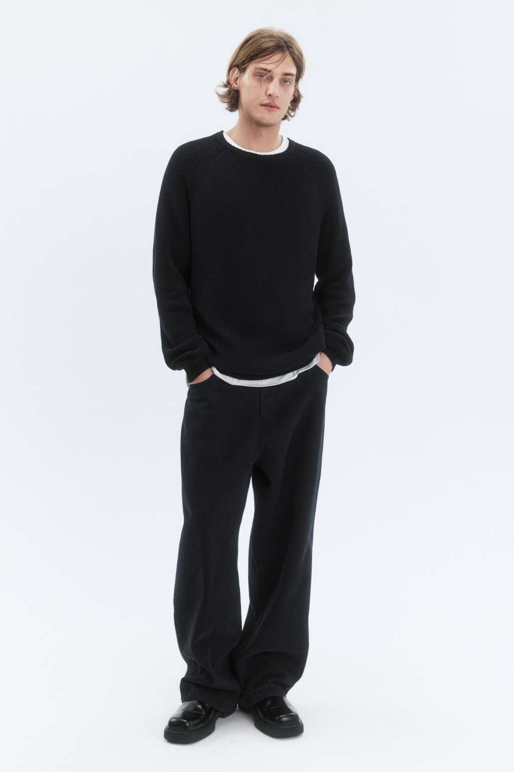 Свитер вязаный хлопковый с рукавами-реглан - цвет черный - 5