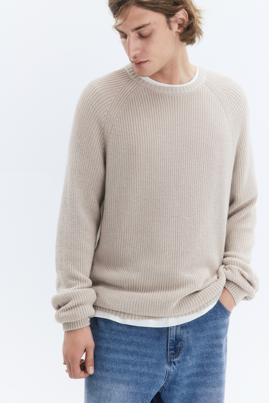 Свитер вязаный хлопковый с рукавами-реглан - цвет бежевый - 1