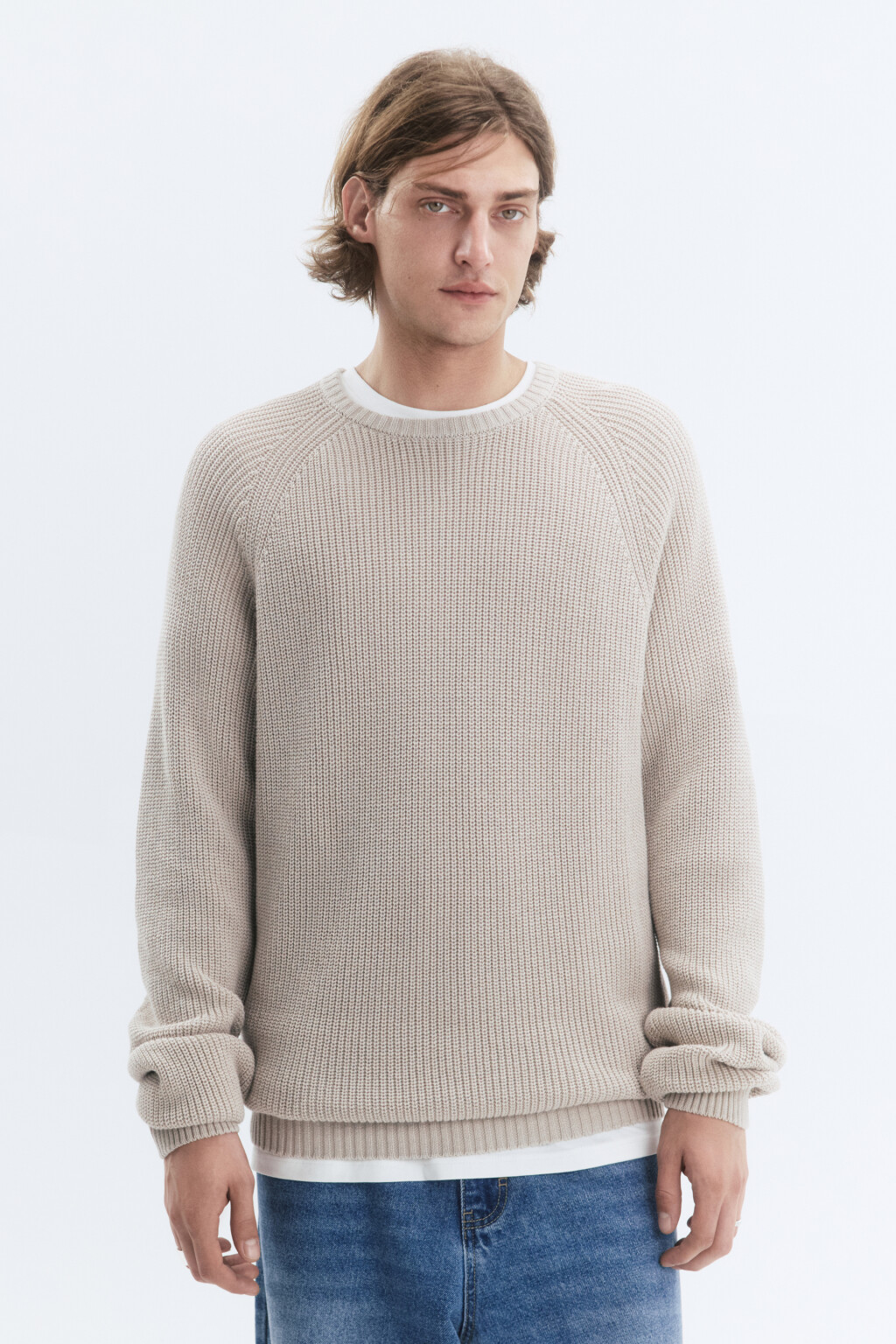 Свитер вязаный хлопковый с рукавами-реглан - цвет бежевый - 3