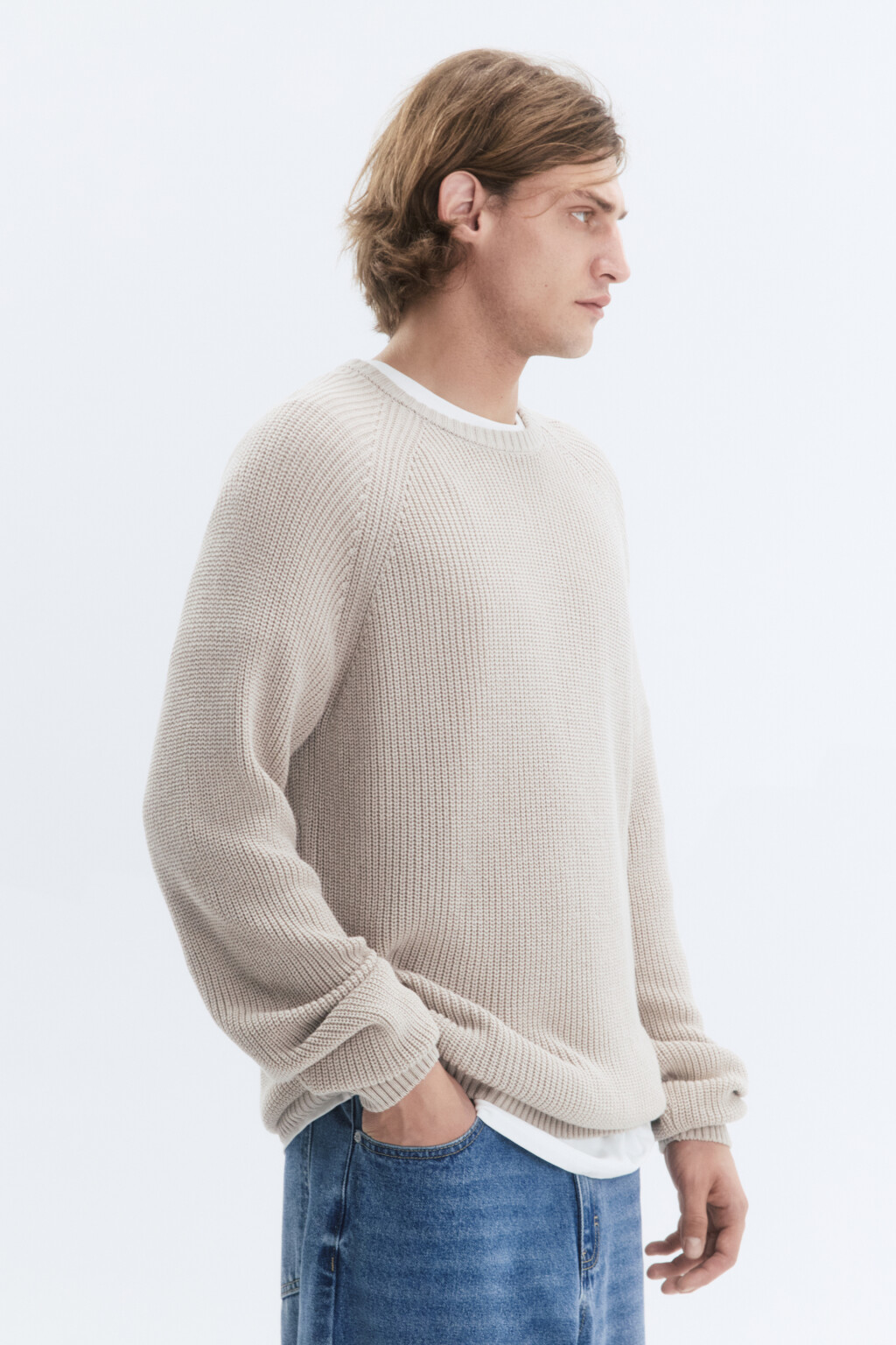Свитер вязаный хлопковый с рукавами-реглан - цвет бежевый - 4