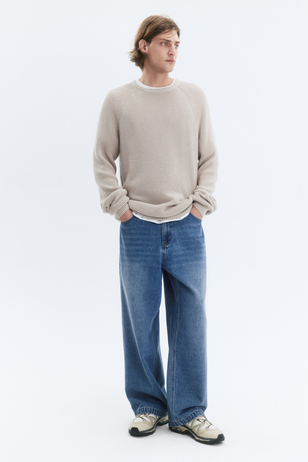 Свитер вязаный хлопковый с рукавами-реглан - цвет бежевый - 6